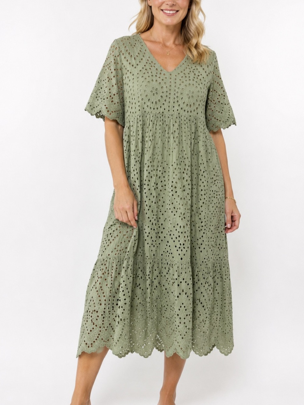 Vanessa Zani Italy Eyelet Cotton Dress XL (fits like L) Sage Green Boho Midi